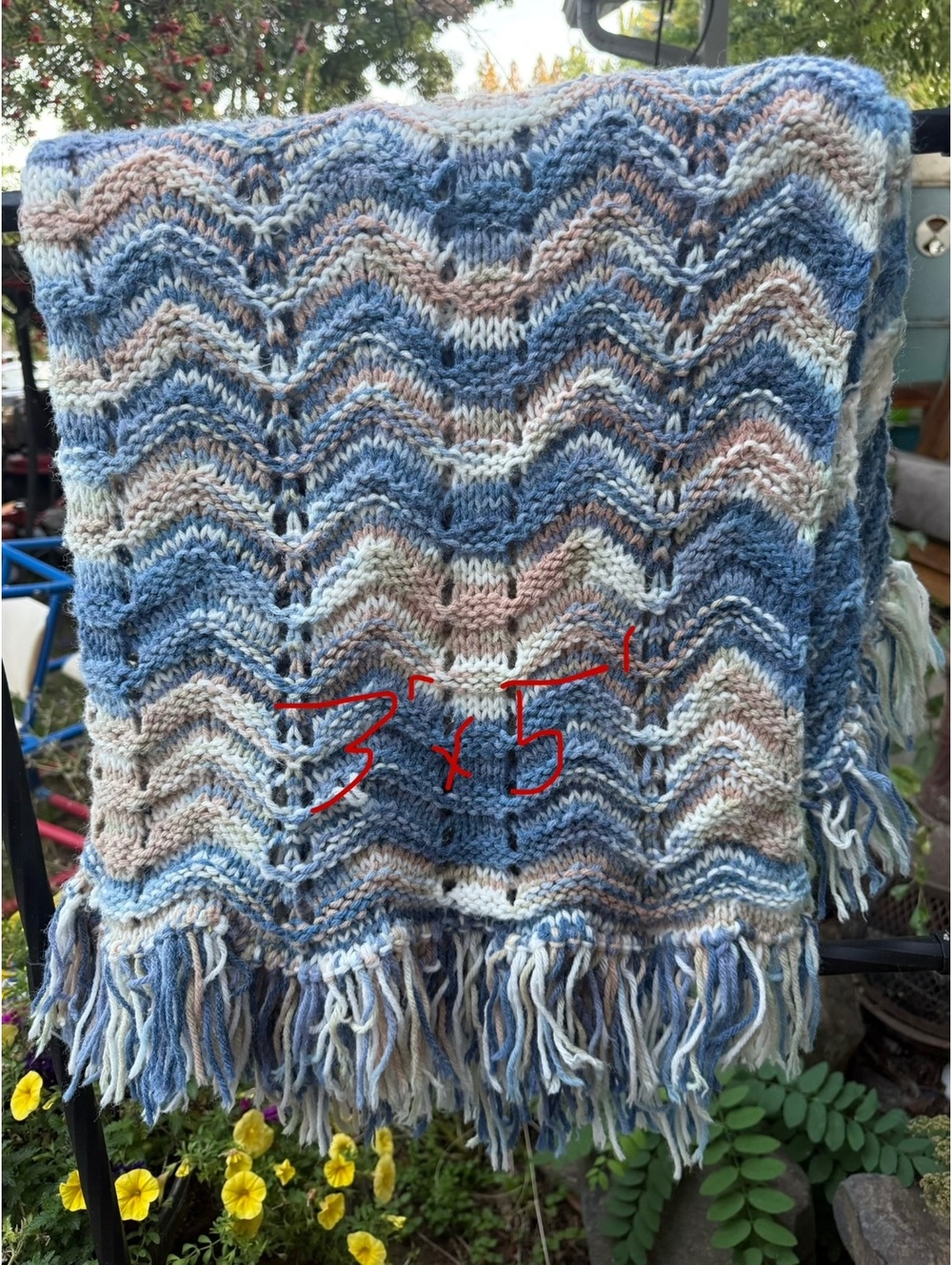 Hand Knitted Chevron Pattern Sofa Throw Blanket in Blue, Cream, and Brown